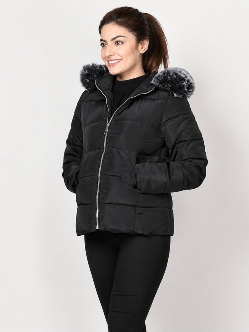 Snobbish Canada Altitude Black Puffer Jacket with Faux Fur Removable Hood Large
